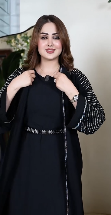 Elegant Black Abaya with Stylish Silver Stone Embellishments