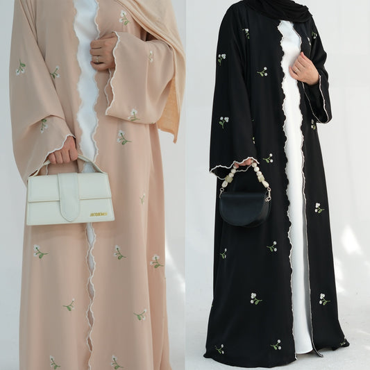 Exquisite Floral Embroidery Open Kimono Abaya – Dubai Muslim Kaftan