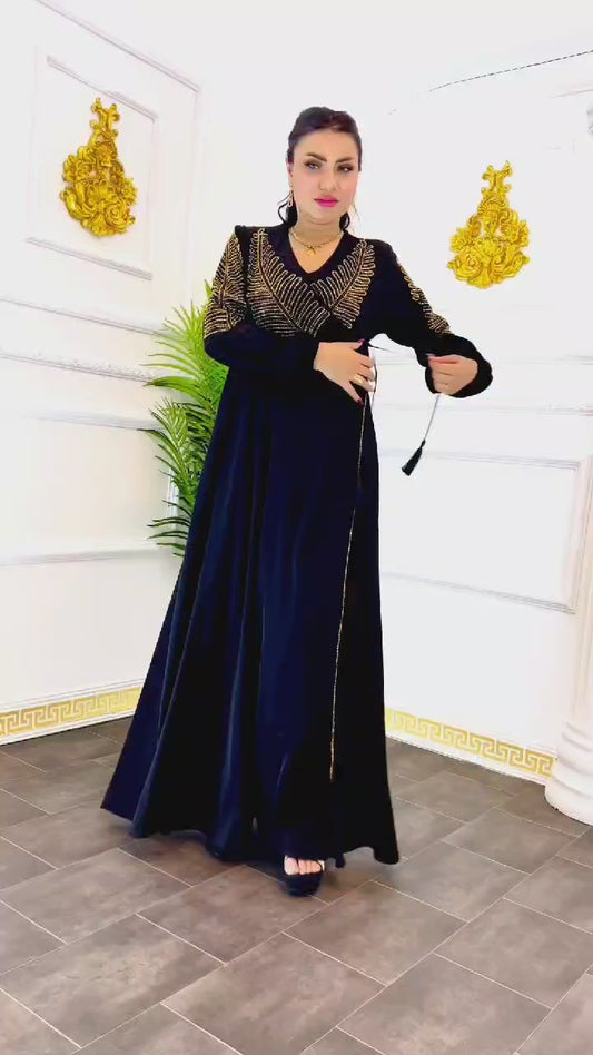 Golden Elegance Leaf stone work design Abaya 3