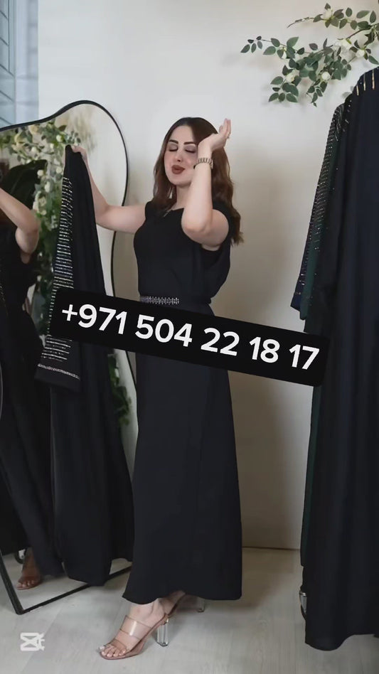 Elegant Black Abaya with Stylish Silver Stone Embellishments